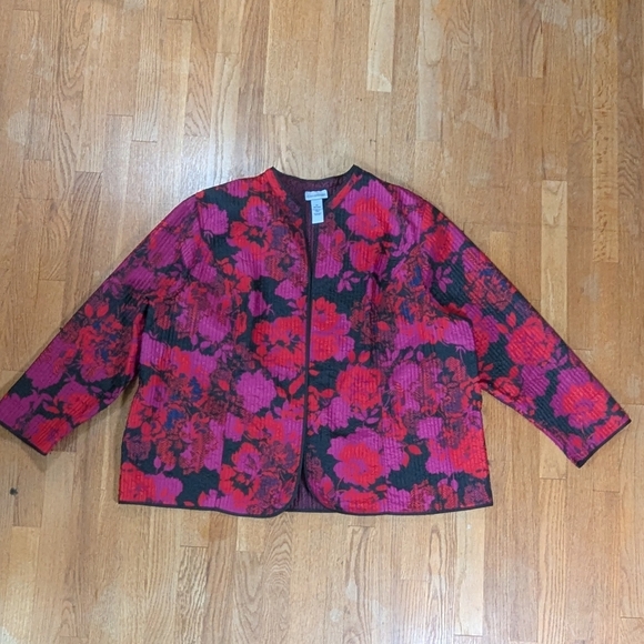 Catherines 3X Quilted Floral Jacket 🌺 Bold Red & Magenta Statement Coat 26/28W - Picture 2 of 11